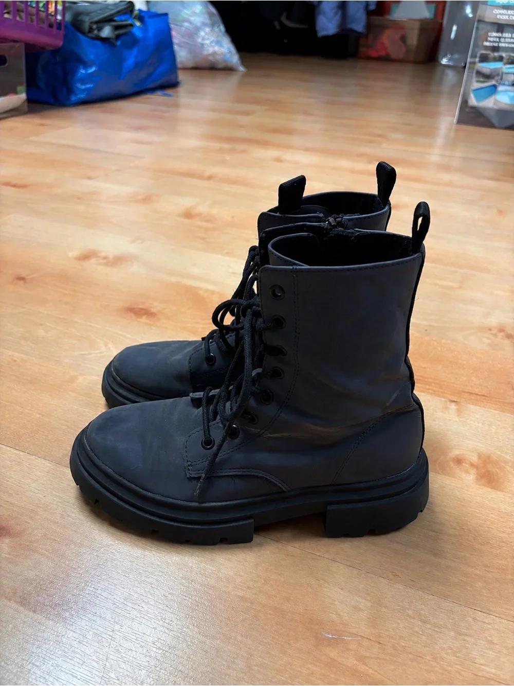 Zara Iridescent Combat Boot Lace Up Lug Sole Ankle Boots Purple Black EU 34 US 3
